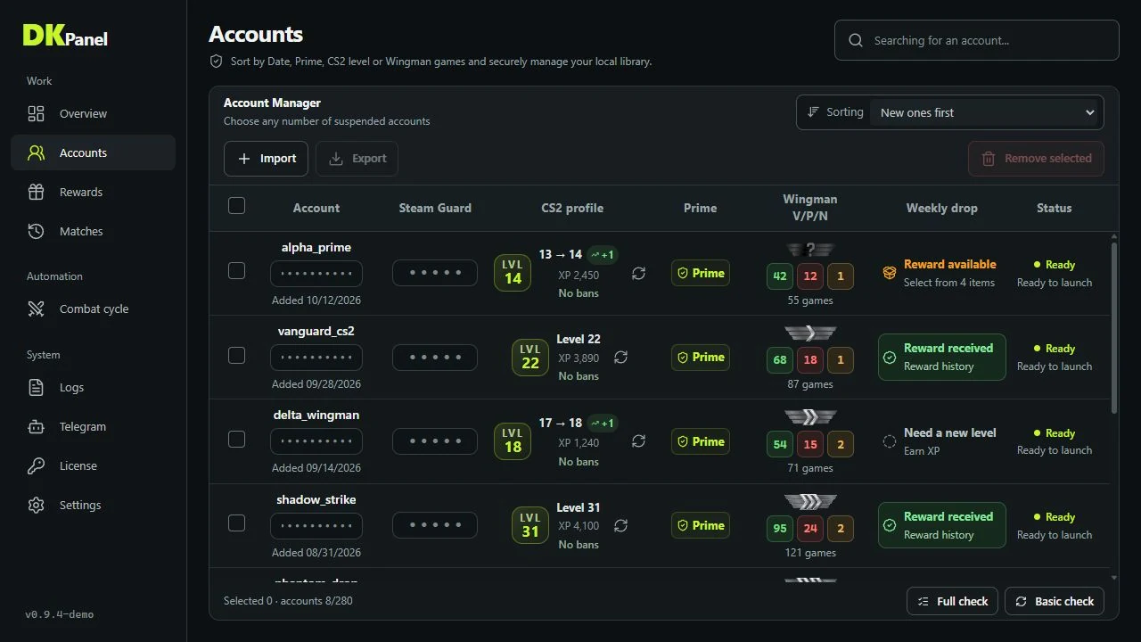 DKPanel account library: Prime, level, Wingman rank and weekly drop