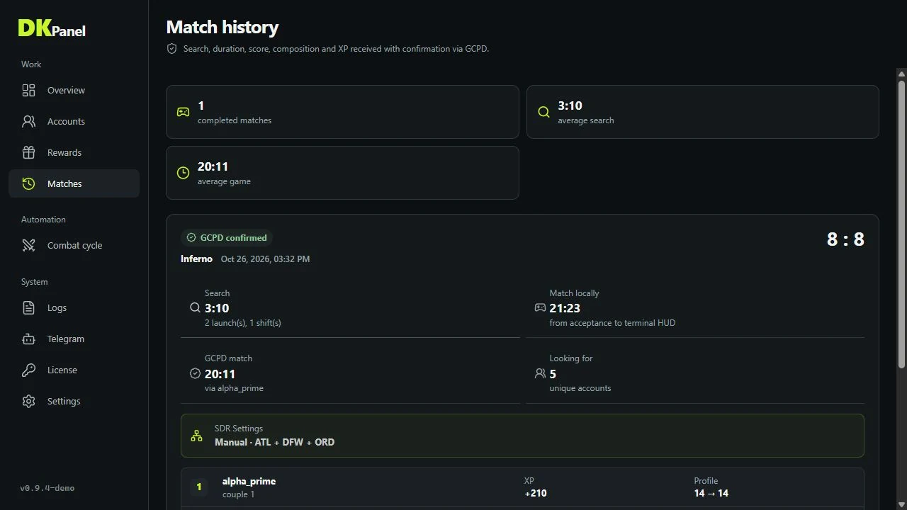 DKPanel match history with map, timing and account progress
