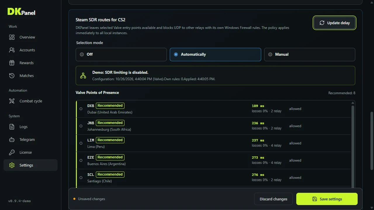 Valve entry points and measured latency in SDR settings