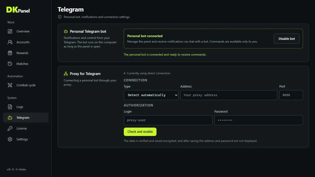 A personal Telegram bot connected to DKPanel, with optional proxy settings below