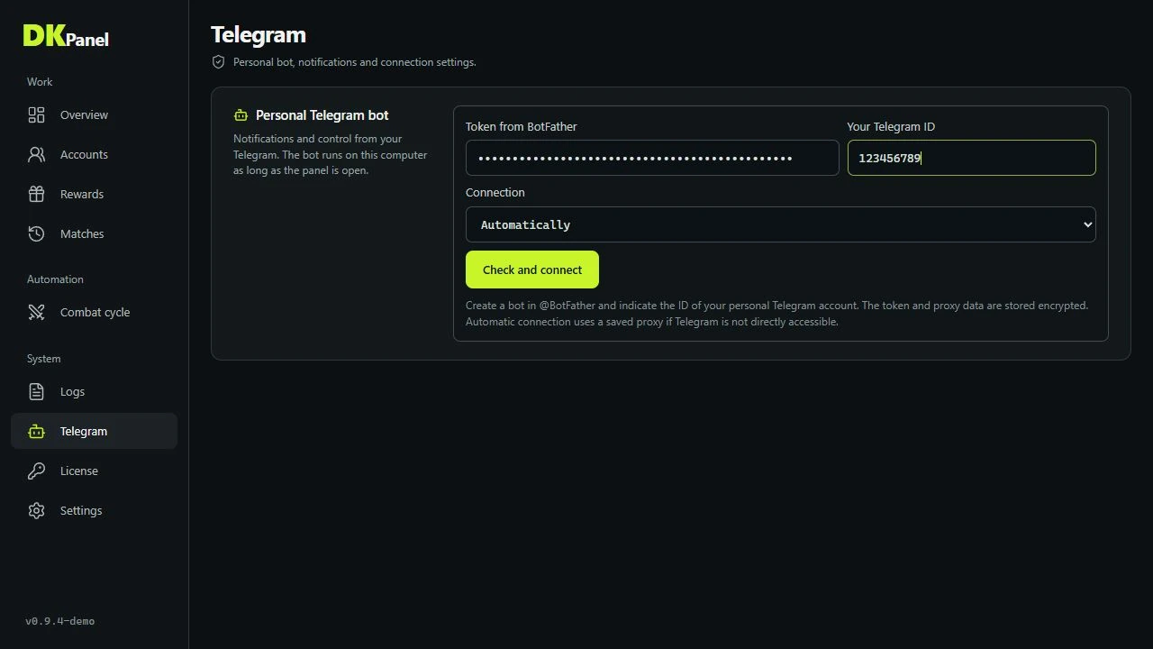 Personal Telegram bot setup: BotFather token, owner user ID and connection method
